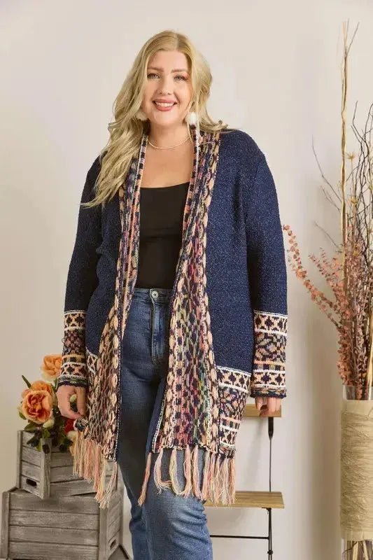Fringe Hem Aztec Border Cardigan – Boho Chic Statement Layer for Women