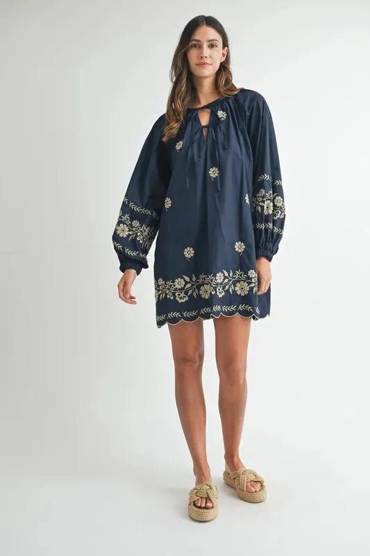 Embroidered Long Sleeve Peasant Mini Dress: Boho Elegance Redefined
