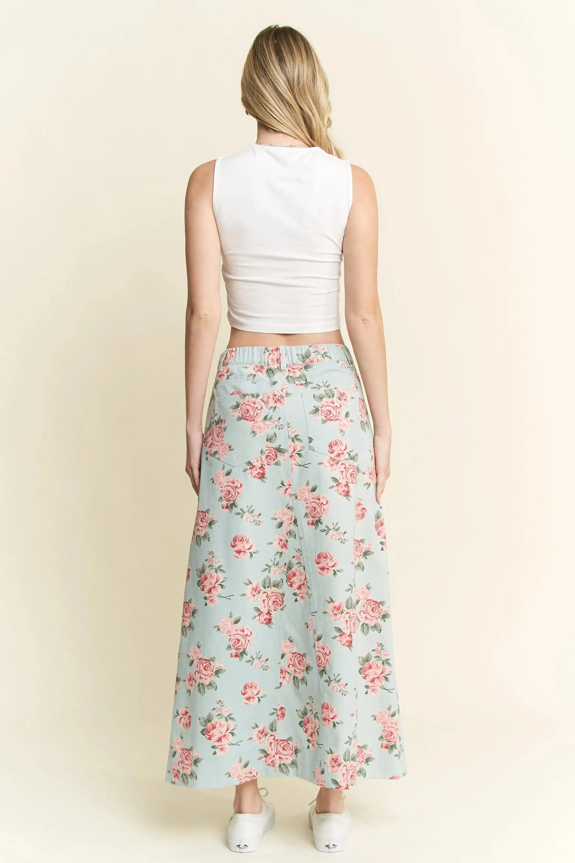 Jade By Jane Full Size Floral Print Front Slit Denim Maxi Skirt Plus Size Trendsi