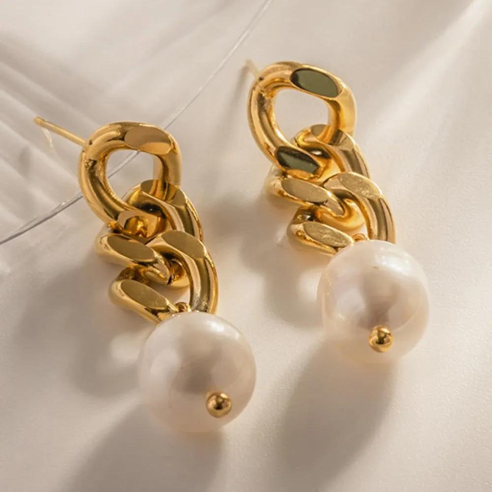 Freshwater Pearl Drop Earrings – 18K Gold-Plated Chain Link Statement Dangle Fashion Jewelry