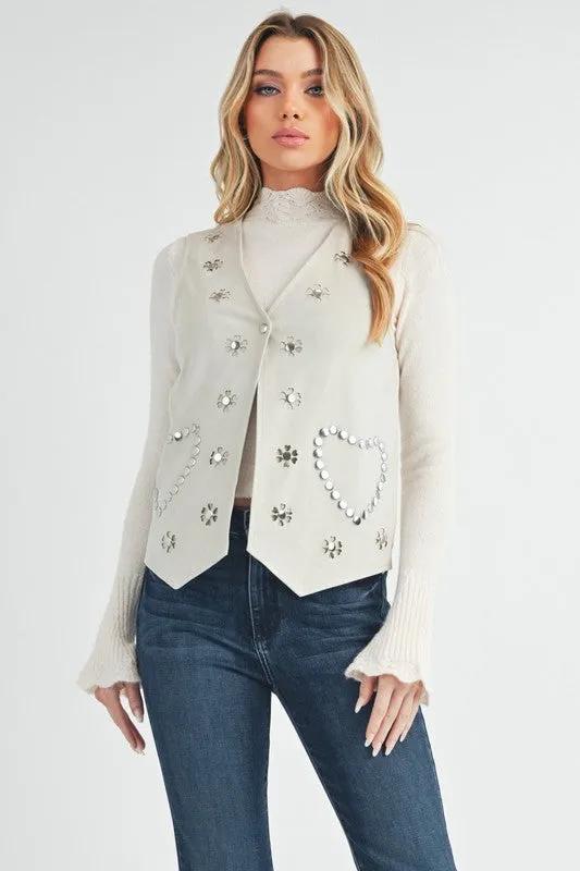 Heart Rivet White Suede Vest for Women