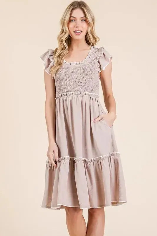 Make a Statement: Ruffle Trim Smocked Dress with Contrast Design in Taupe Color