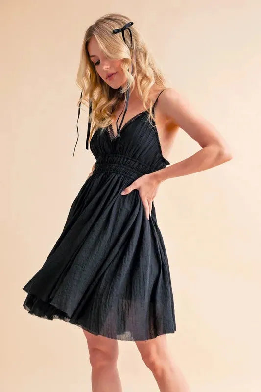 Black Lace Detail Mini Cami Dress - Chic and Feminine