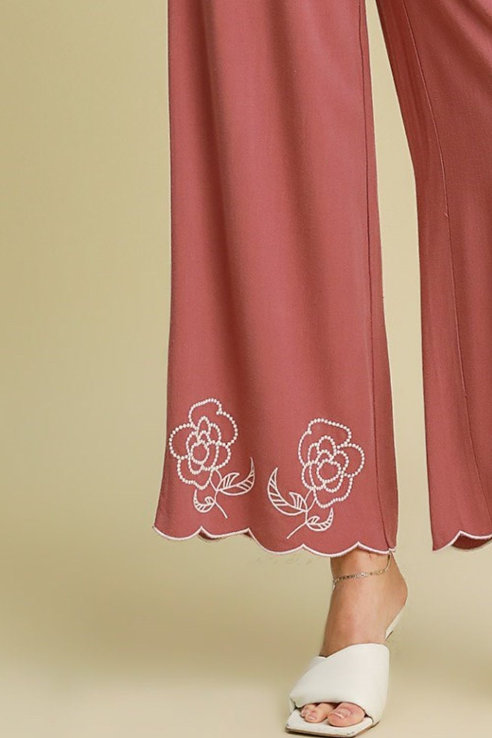 Breathable Linen Blend Wide Leg Pants with Unique Scalloped Hemline in Dusty Pink Color Trendsi