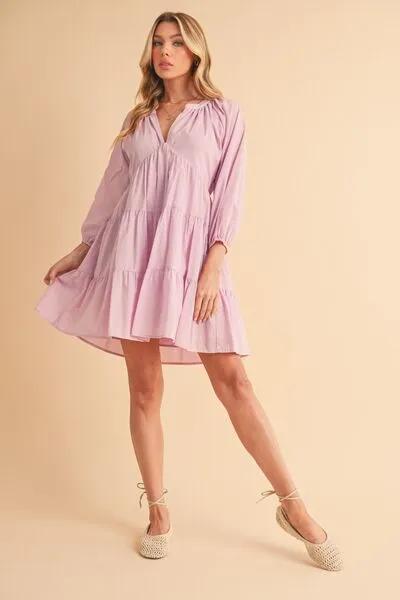 Lilac Notched Balloon Sleeve Tiered Mini Dress