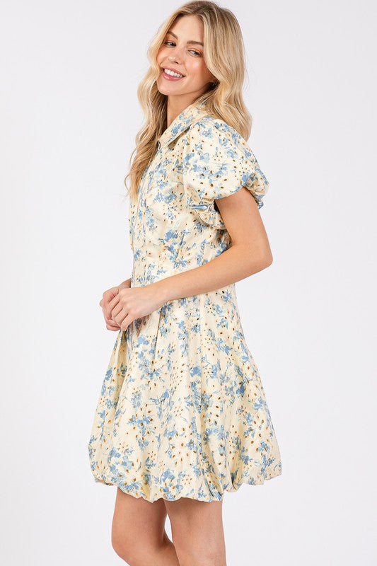 GeeGee Floral Eyelet Zipper Front Puff Sleeve Mini Dress Trendsi