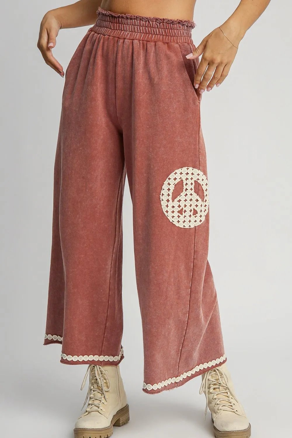 Wide-Leg Pants with Lace Applique in Mineral Wash Fabric in Rust Color