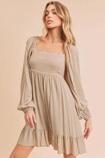 Ruffled Hem Square Neck Balloon Sleeve Mini Dress