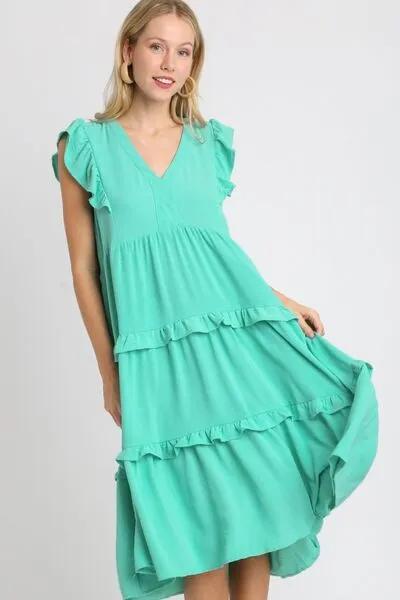 Ruffle Tiered Cap Sleeve Midi Dress