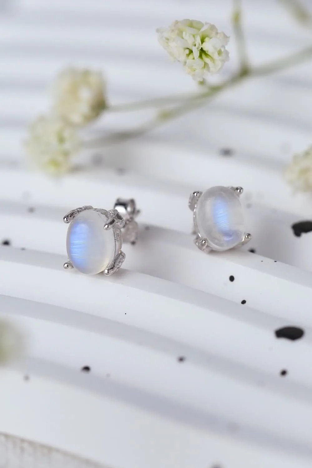 Natural Moonstone Stud Earrings – S925 Sterling Silver with Platinum & Rose Gold Plating