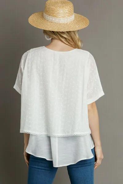 Eyelet Layered Short Sleeve Blouse - White
