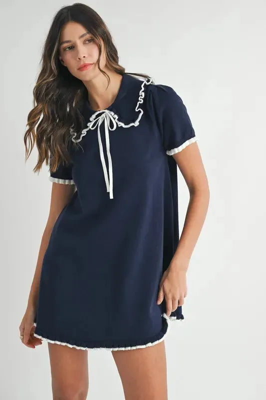 Ruffle Trimmed Collar Fine Knit Mini Dress – Sophisticated & Chic