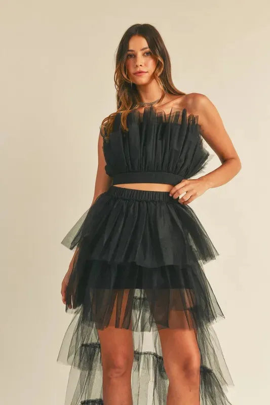 Elegant Tulle Ruffle Crop Top & High-Low Maxi Skirt Set