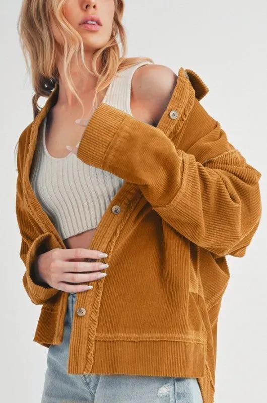 Women's Side Slit Exposed Seam Button Up Corduroy Jacket