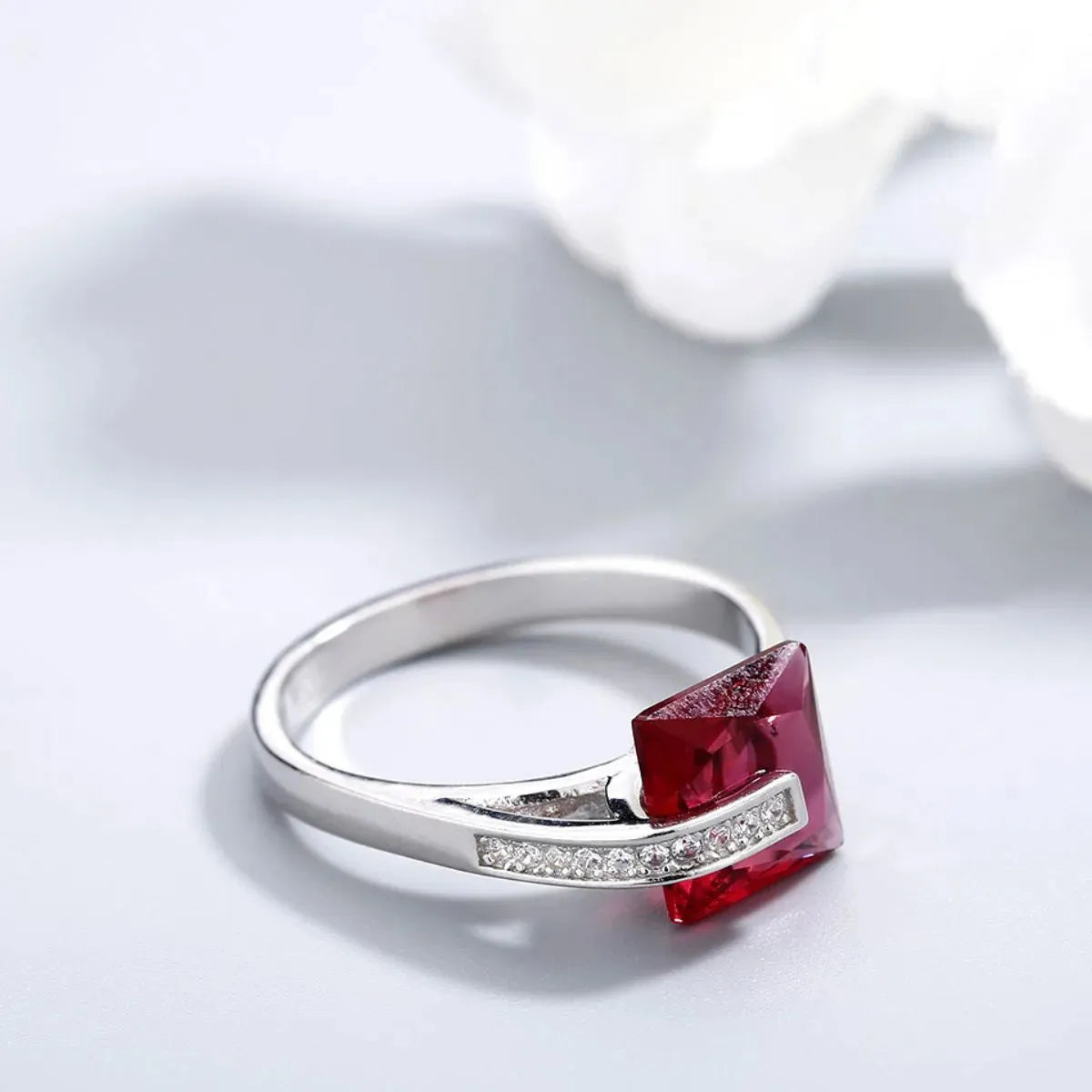 Platinum-Plated Sterling Silver Red Zircon Ring for Women