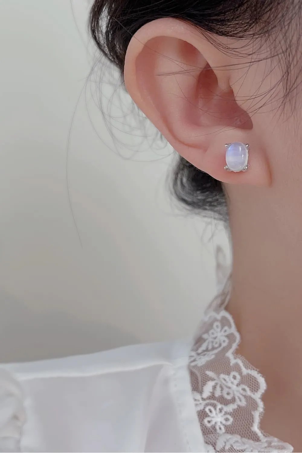 Natural Moonstone Stud Earrings – S925 Sterling Silver with Platinum & Rose Gold Plating