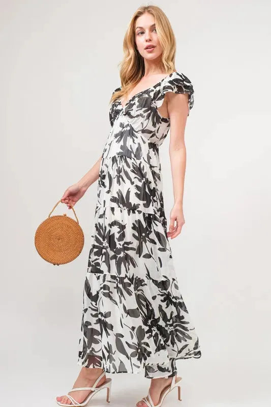 Elegant Ruffled Sleeve Tiered Floral Maxi Dress