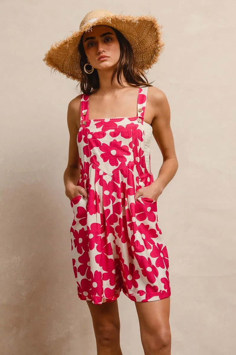 BiBi Floral Prints Tuck Detail Short Overall With Pockets