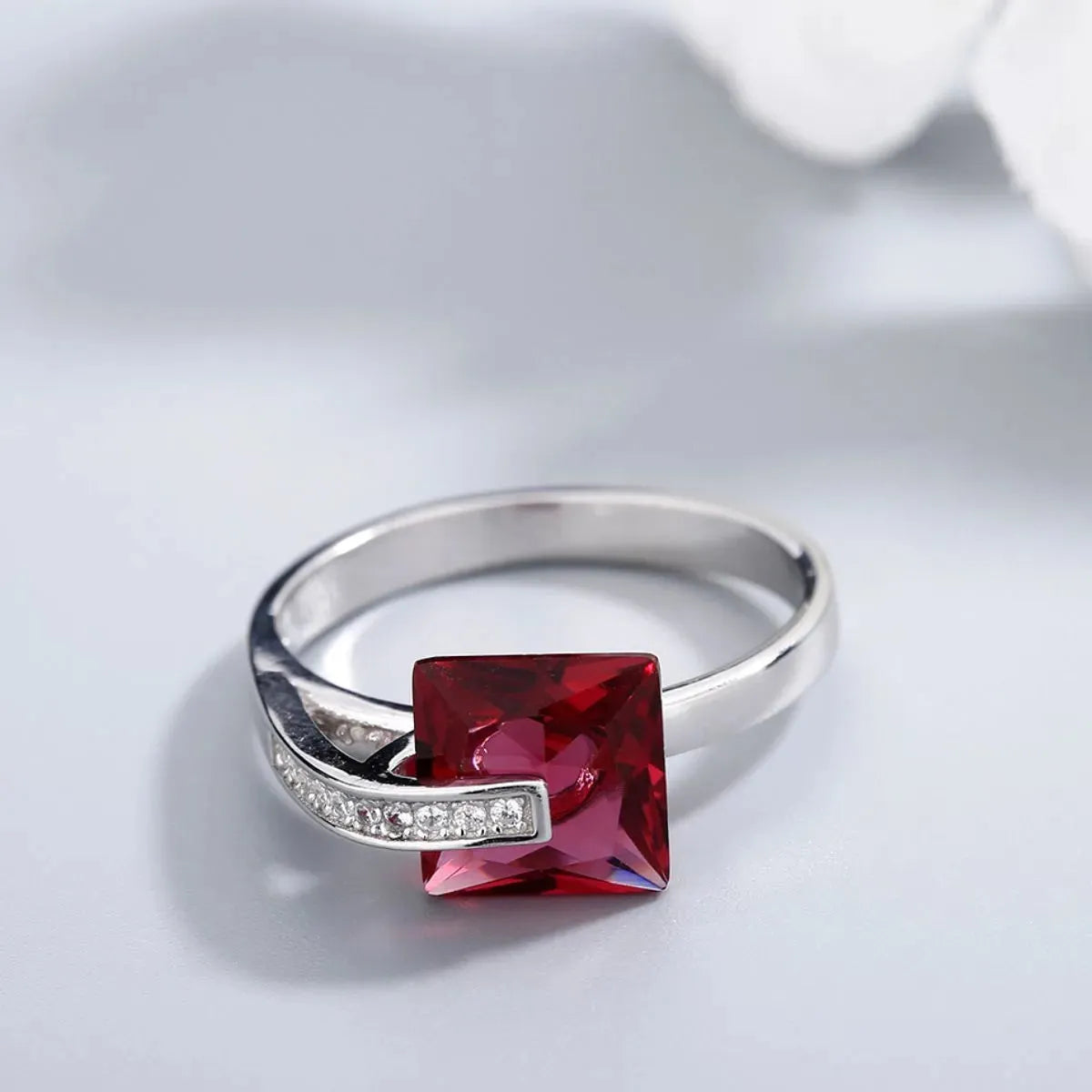 Platinum-Plated Sterling Silver Red Zircon Ring for Women