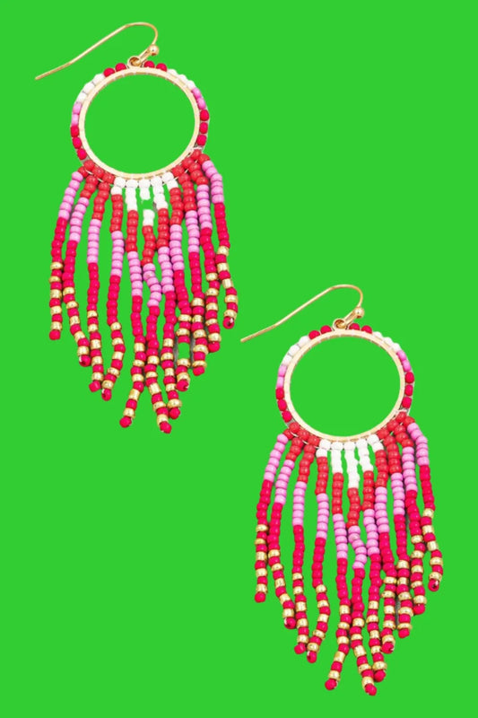 Bold Bohemian Style: Circle Cutout Fuchsia Fringe Earrings