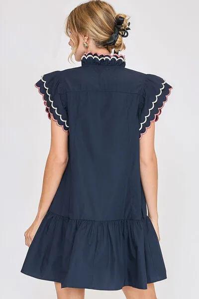 Ruffled Scalloped Sleeved Dark Navy Dress - Timeless Elegance