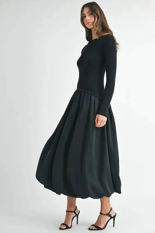 Black Ribbed Poplin Mix Midi Sweater Dress: Trendy and Versatile