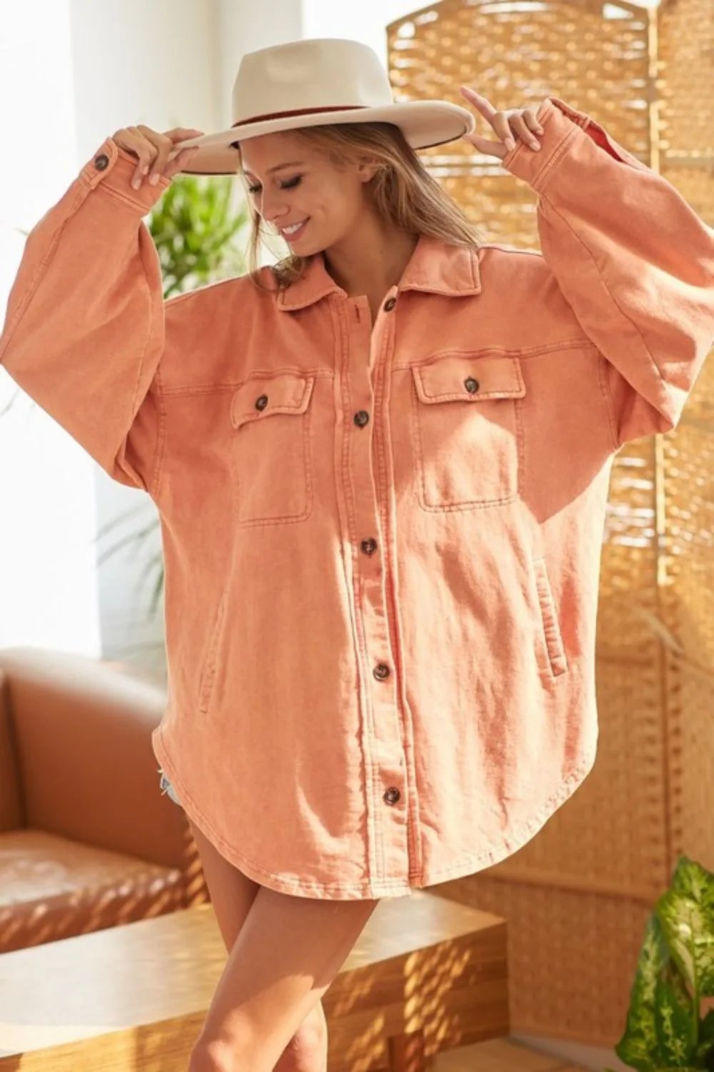 Washed Button Up Pumpkin Shacket With Chest Pockets | Women's Fashion Essential