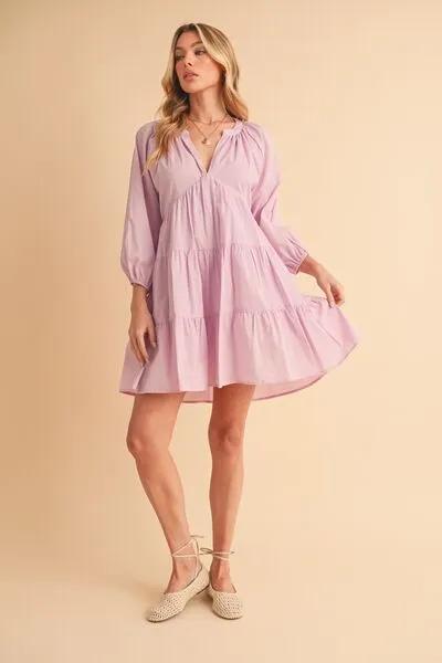 Lilac Notched Balloon Sleeve Tiered Mini Dress