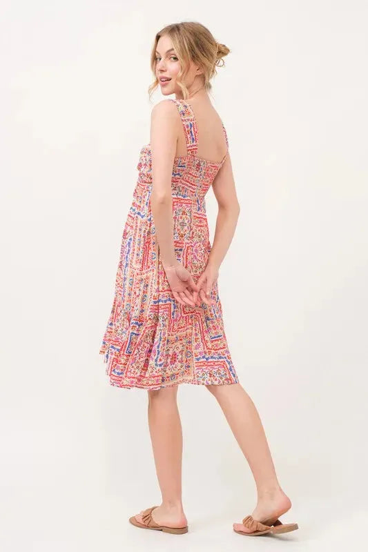 Boho Printed Dress with Tied Front and Tiered Skirt