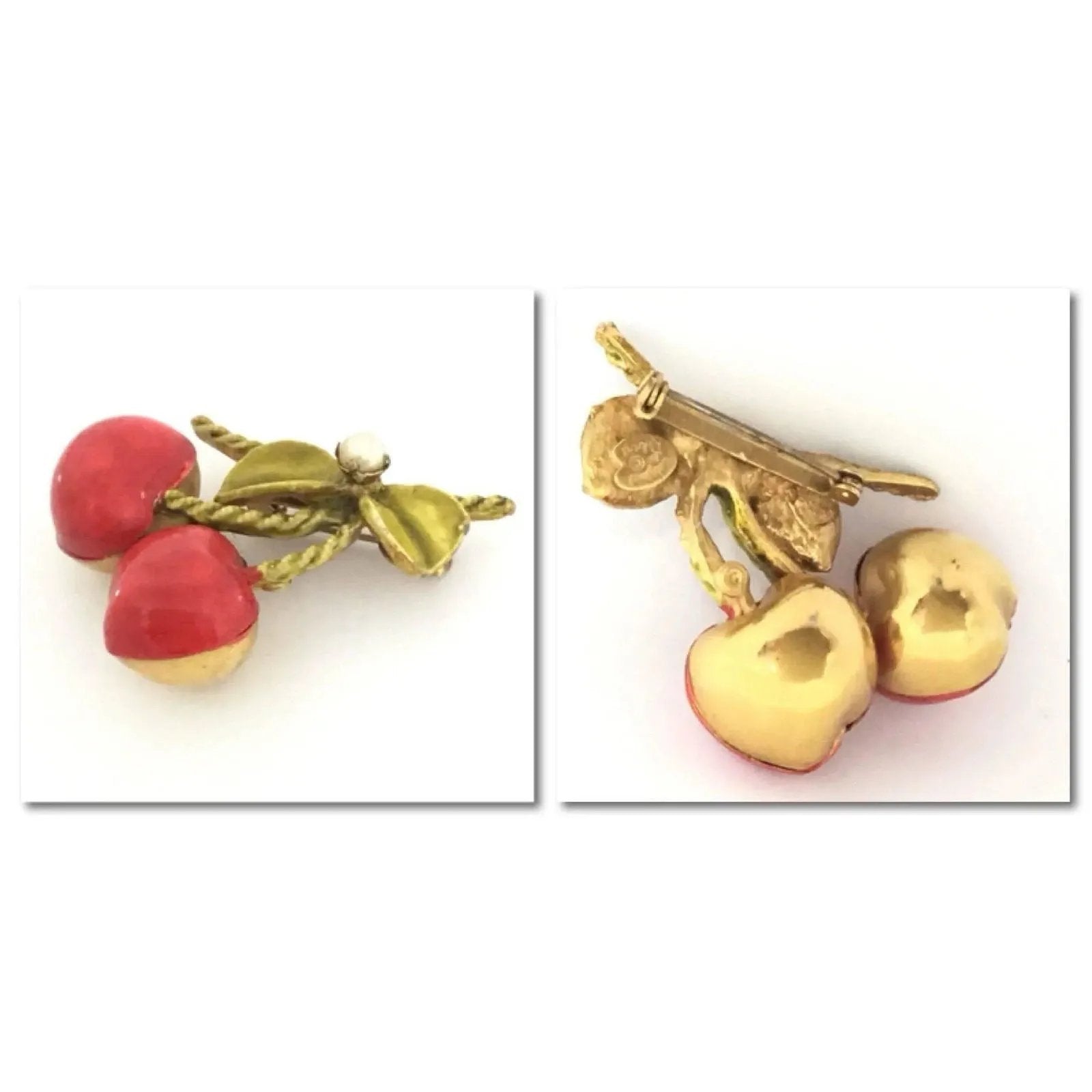 1960's Vintage Enamel Red Cherry Fruit Brooch Pin