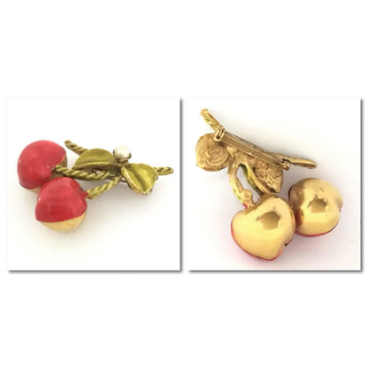 1960's Vintage Enamel Red Cherry Fruit Brooch Pin Jewelry Bubble