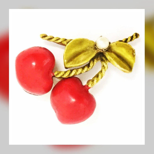 1960's Vintage Enamel Red Cherry Fruit Brooch Pin