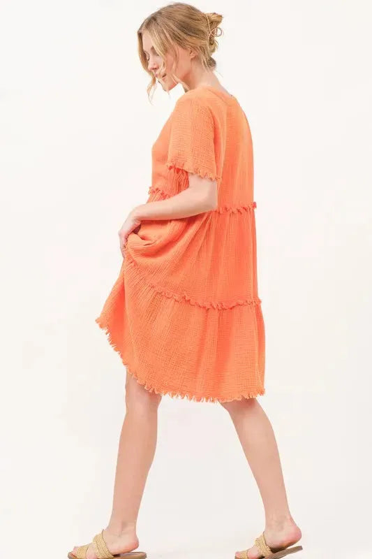 Washed Frayed Detail Tiered Orange Dress – Effortless, Trendy Everyday Style