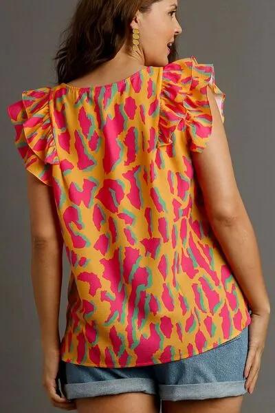 Spice Things Up: Abstract Print V-Neck Double Layer Ruffle Sleeve Blouse