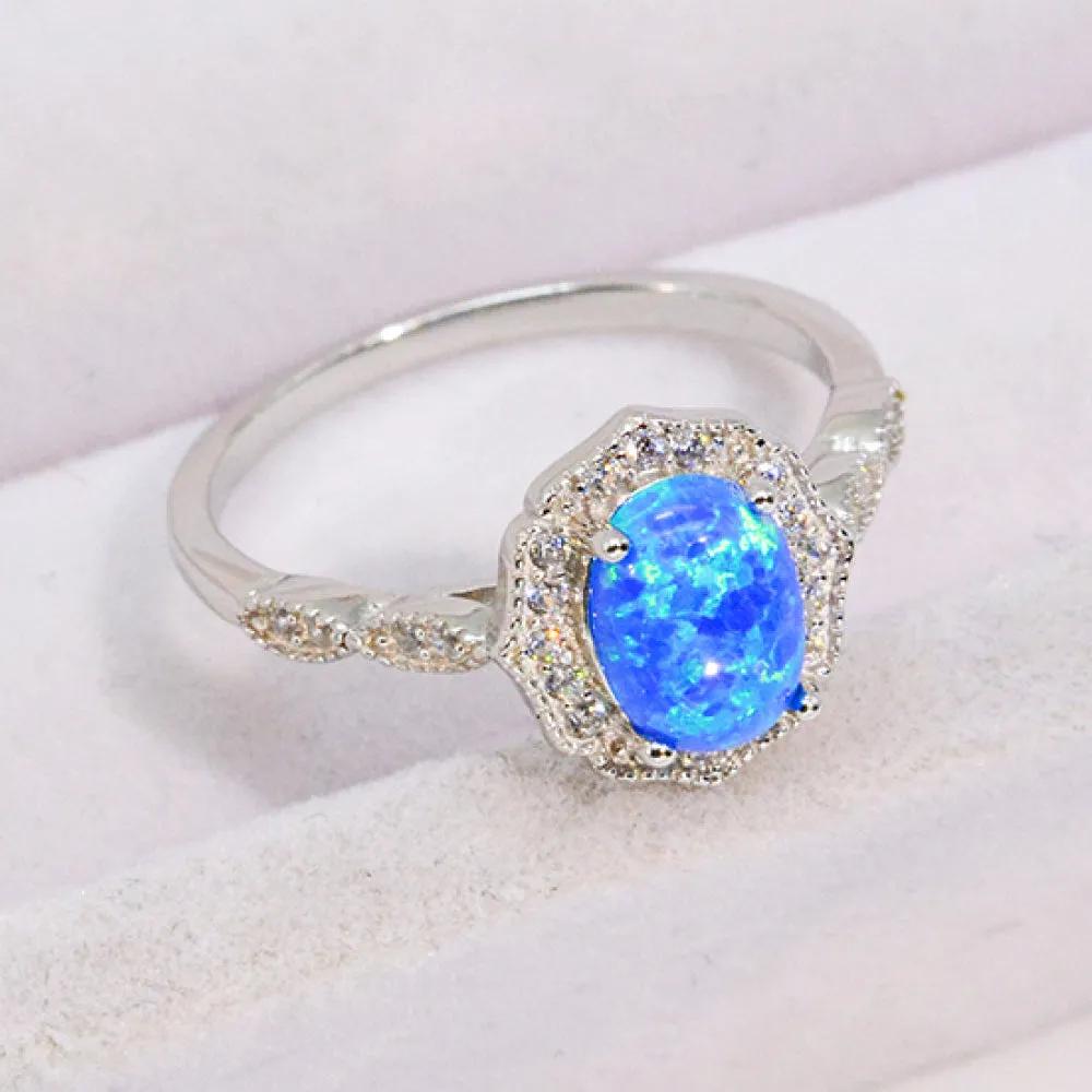 Sterling Silver Platinum-Plated Ring with Australian Opal Centerpiece