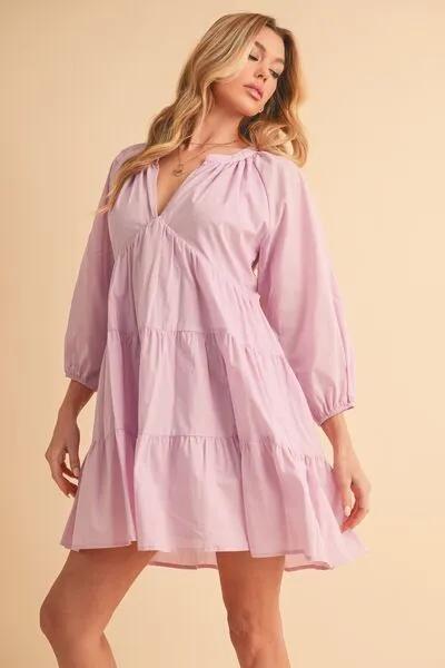 Lilac Notched Balloon Sleeve Tiered Mini Dress