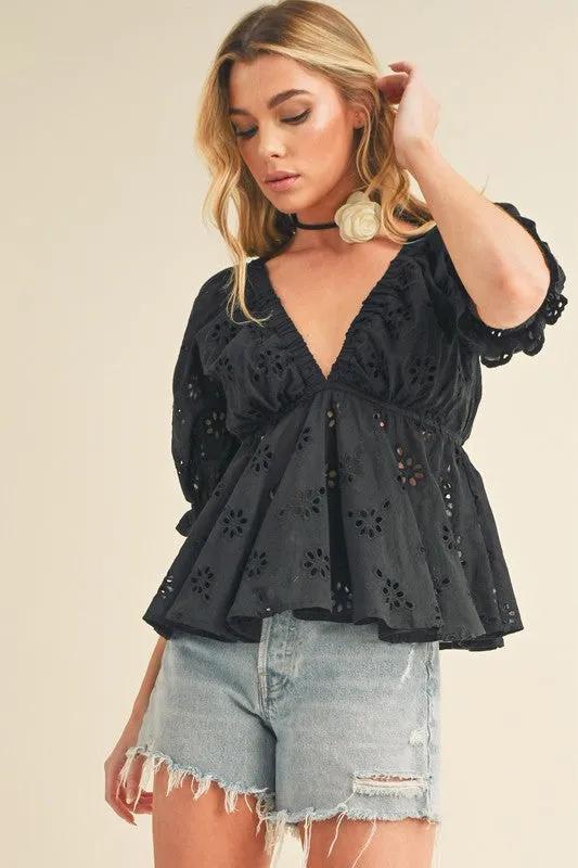 Eyelet Embroidered V-Neck Half Sleeve Black Peplum Blouse | Elegant Women's Top