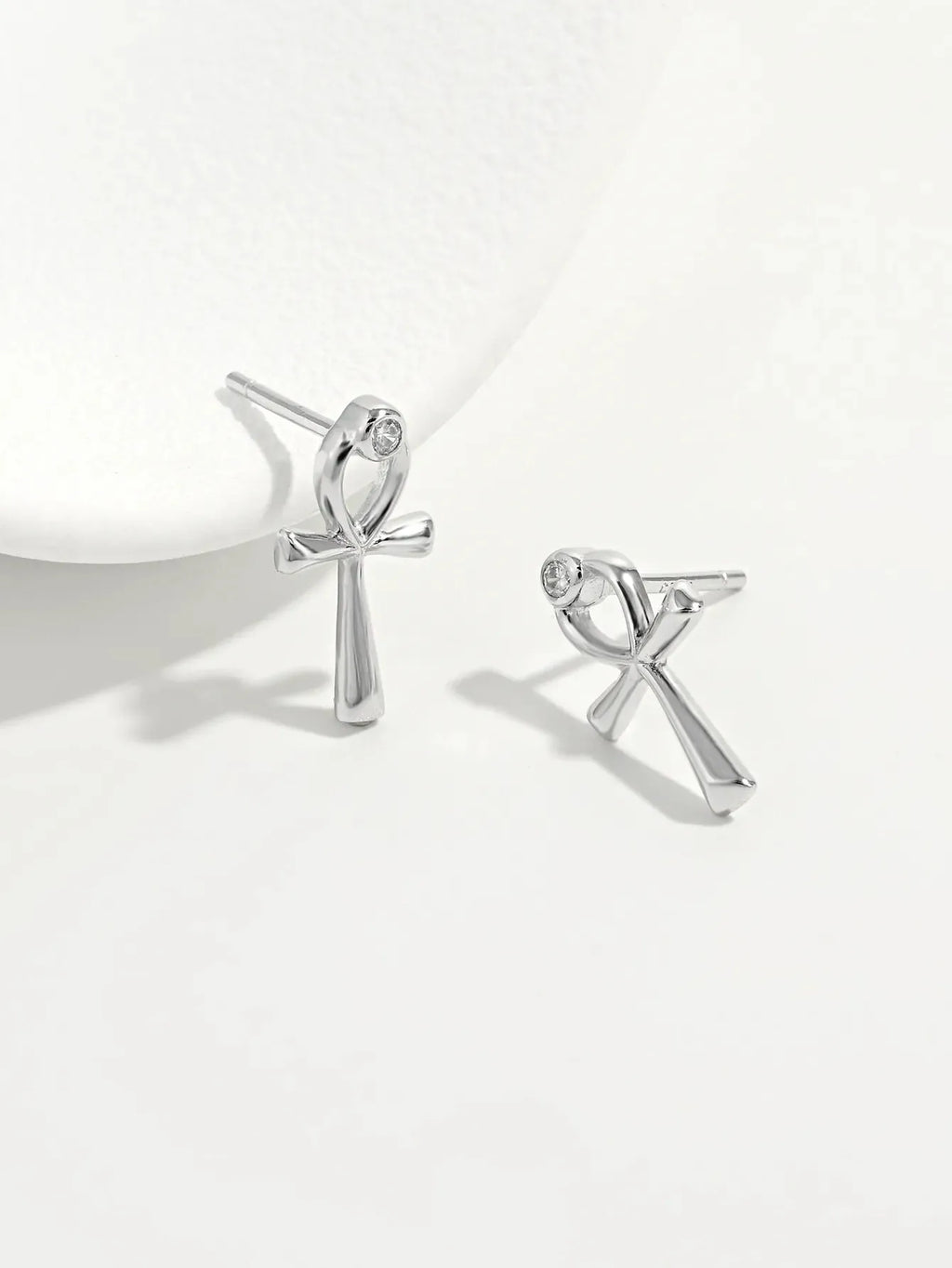 Jewelry Bubble Platinum-Plated S925 Sterling Silver Ankh Stud Earrings with Zircon Accent