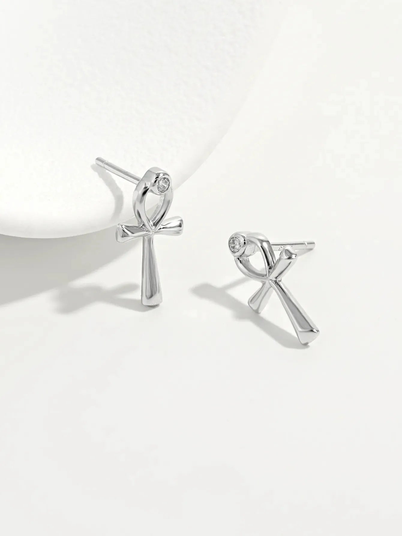 Jewelry Bubble Platinum-Plated S925 Sterling Silver Ankh Stud Earrings with Zircon Accent