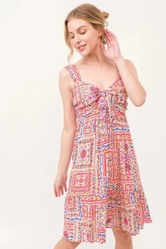 Boho Printed Dress with Tied Front and Tiered Skirt