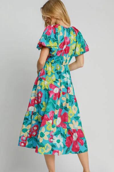 Stunning Tiered Multicolor Floral Midi Dress With Puff Sleeves - Perfect for Spring/Summer Occasion