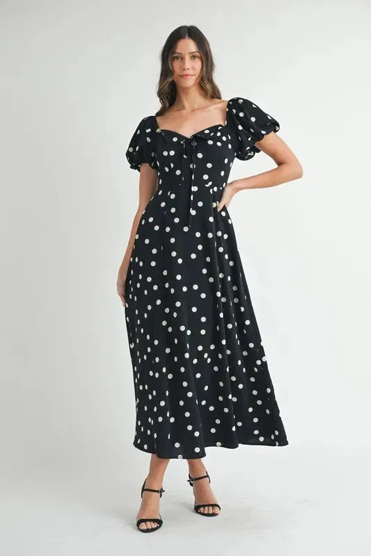 Polka Dot Puff Sleeve Midi Dress: Timeless Elegance for Any Occasion in Black