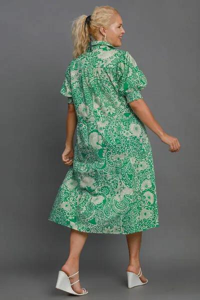 Printed Smocked Cuff Puff Sleeve Green Midi Dress - Stylish and Comfortable 2025 Look