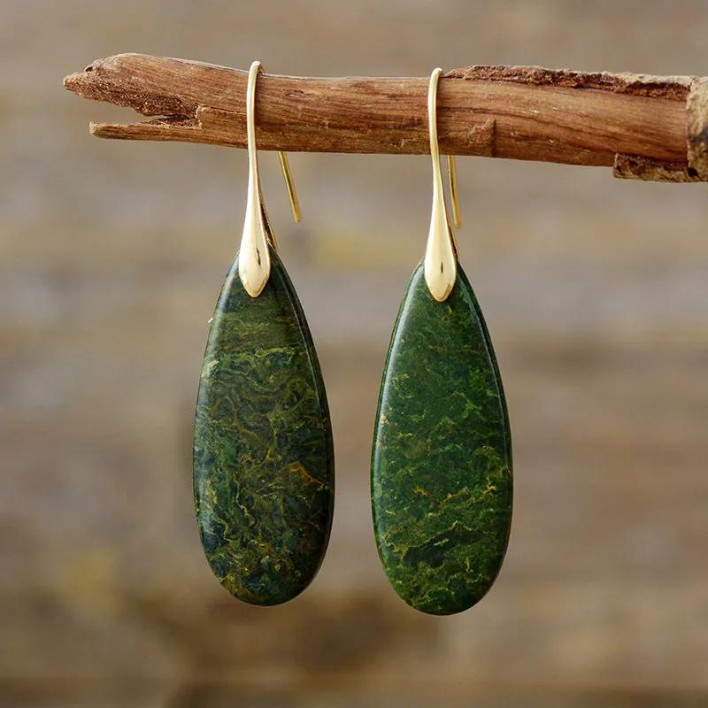 Red or Green Natural Stone Water Drop Earrings - Gold & Silver Finish