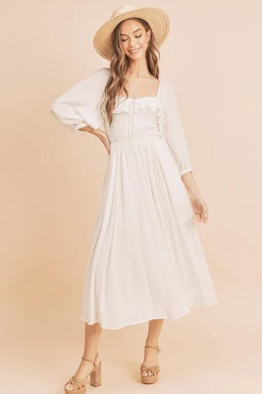 Ruffled Smocked Square Neck Balloon Sleeve Dress