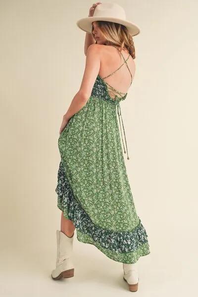 Green Ditsy Floral Ruffled Hem Maxi Cami Dress