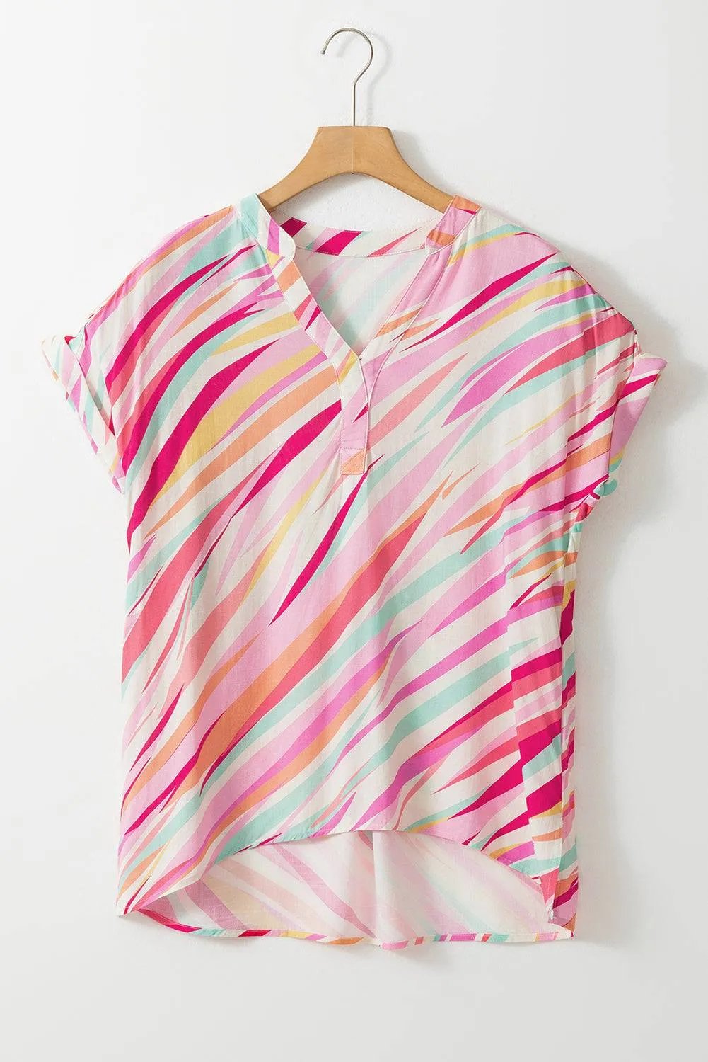 Multicolor Abstract Print High Low Blouse – 100% Viscose, Trendy Modern Hemline