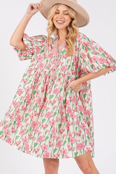 Floral Half Button Notched Puff Sleeve Pink Dress - Shop This Stylish Look Today Trendsi