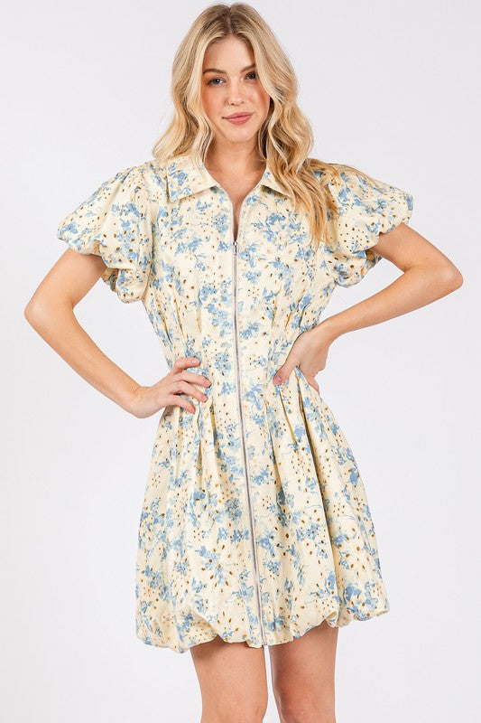 GeeGee Floral Eyelet Zipper Front Puff Sleeve Mini Dress Trendsi