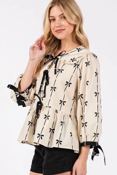 Chic Bow Print Tie Front Babydoll Cream Blouse You'll Love Wearing
